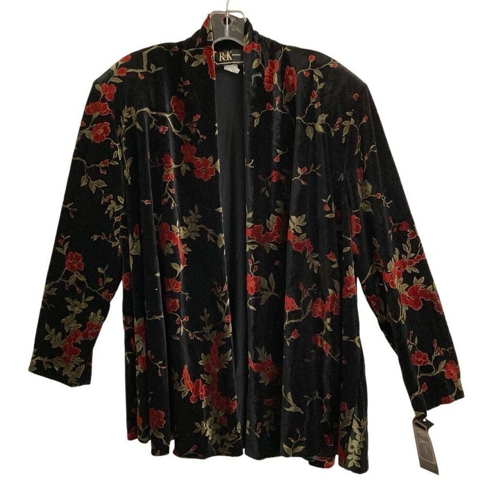 Vintage R & K Evening Black Velvet Open Jacket Womens 18 Floral Asian Inspired